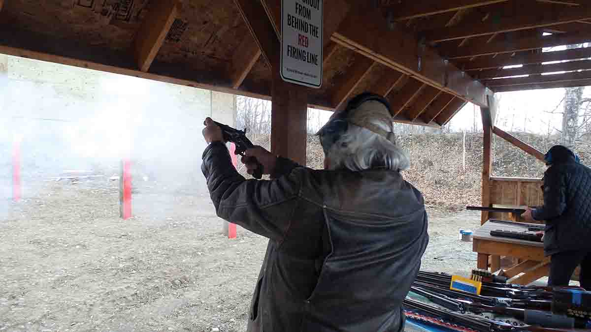 Dr. Ron shooting the Lang .577 Snider howdah pistol during the 2018 Double Rifle Shoot at the Matanuska Valley Shooting Rangnear Palmer, Alaska. The load used was a 500-grain .585 bullet and 70 grains of FFg GOEX.